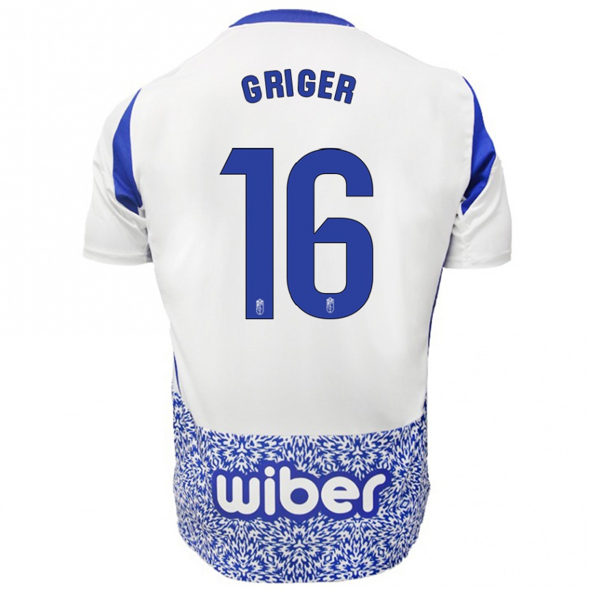 Kids Football Adam Griger #16 White Blue Away Jersey 2024/25 T-Shirt Uk