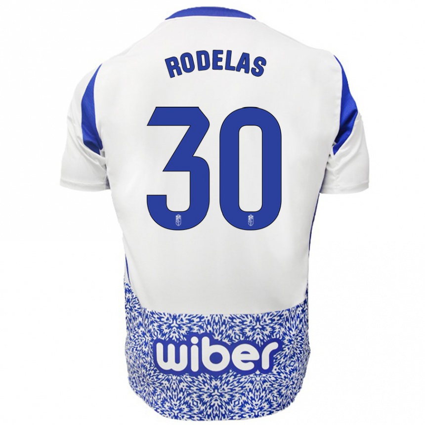 Kids Football Sergio Rodelas #30 White Blue Away Jersey 2024/25 T-Shirt Uk