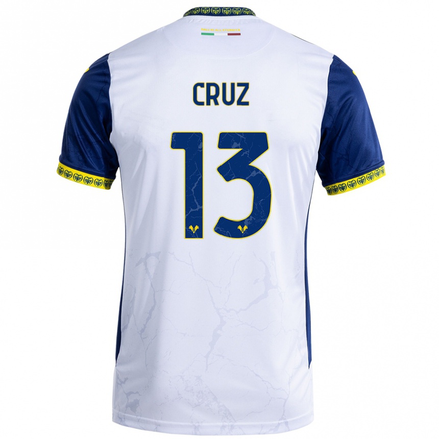 Kids Football Juan Manuel Cruz #13 White Blue Away Jersey 2024/25 T-Shirt Uk