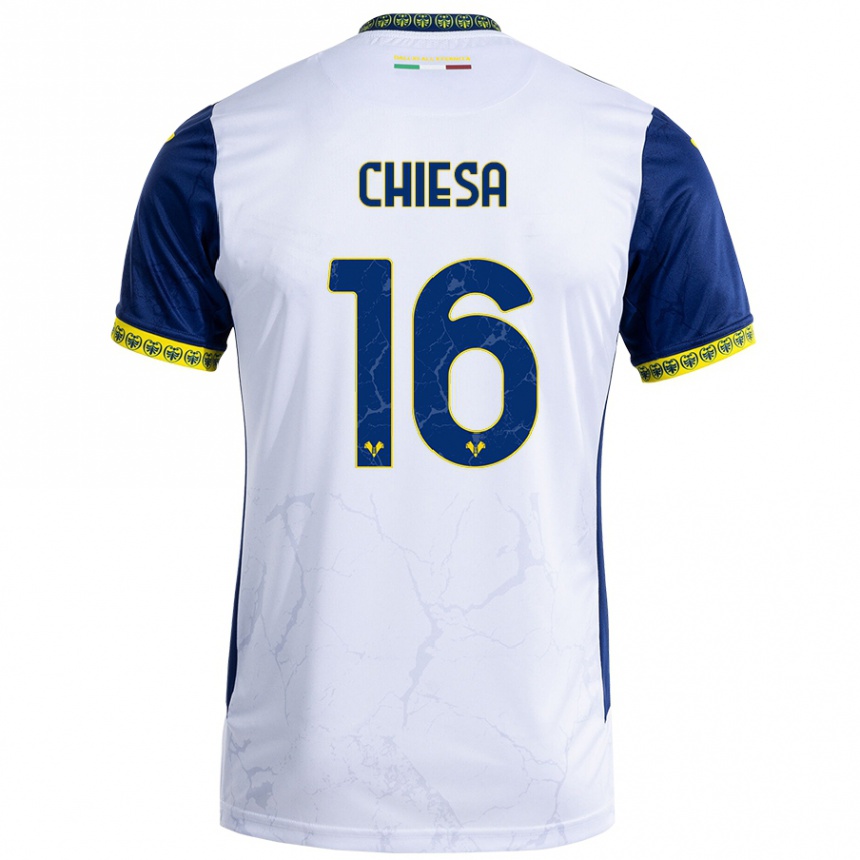 Kids Football Mattia Chiesa #16 White Blue Away Jersey 2024/25 T-Shirt Uk