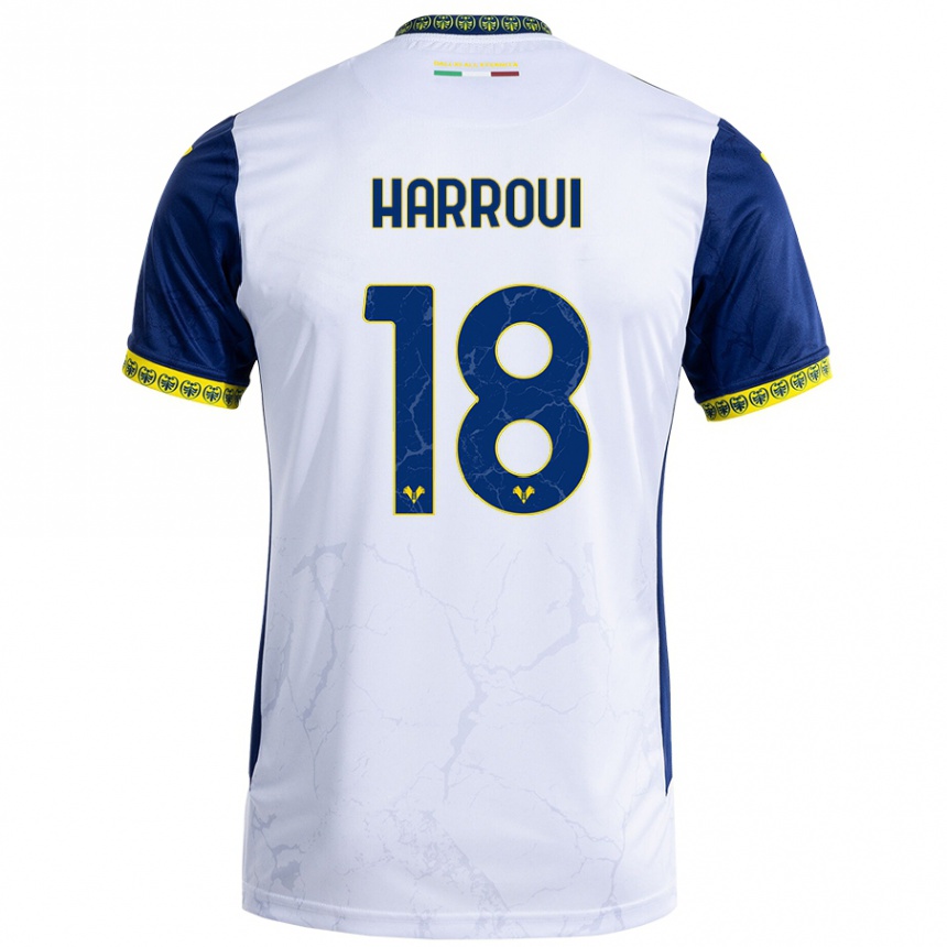 Kids Football Abdou Harroui #18 White Blue Away Jersey 2024/25 T-Shirt Uk