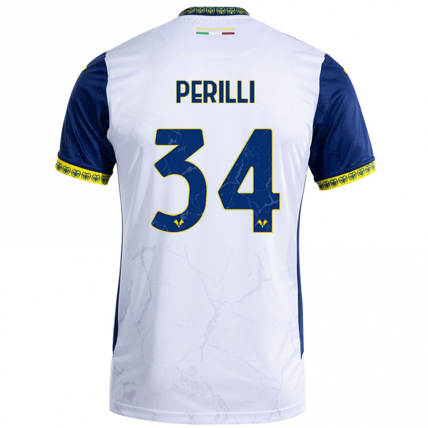 Kids Football Simone Perilli #34 White Blue Away Jersey 2024/25 T-Shirt Uk