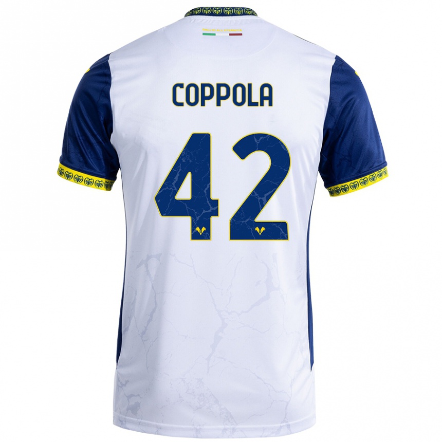 Kids Football Diego Coppola #42 White Blue Away Jersey 2024/25 T-Shirt Uk