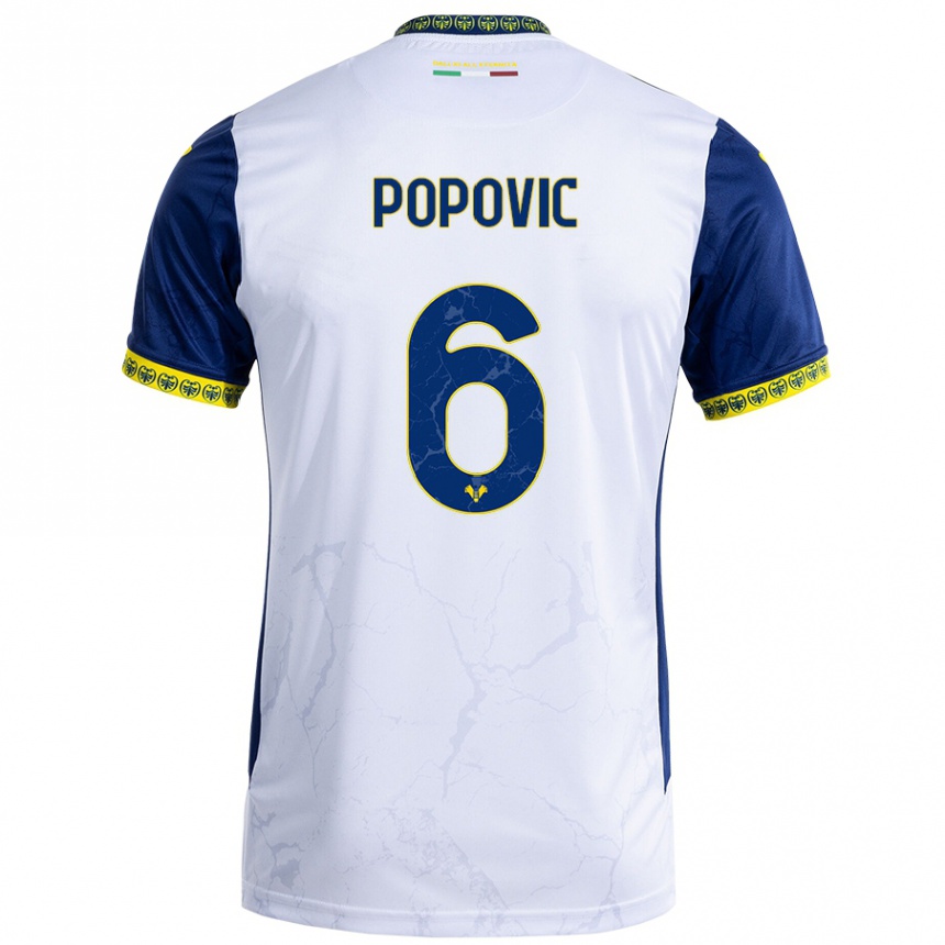 Kids Football Andrej Popovic #6 White Blue Away Jersey 2024/25 T-Shirt Uk