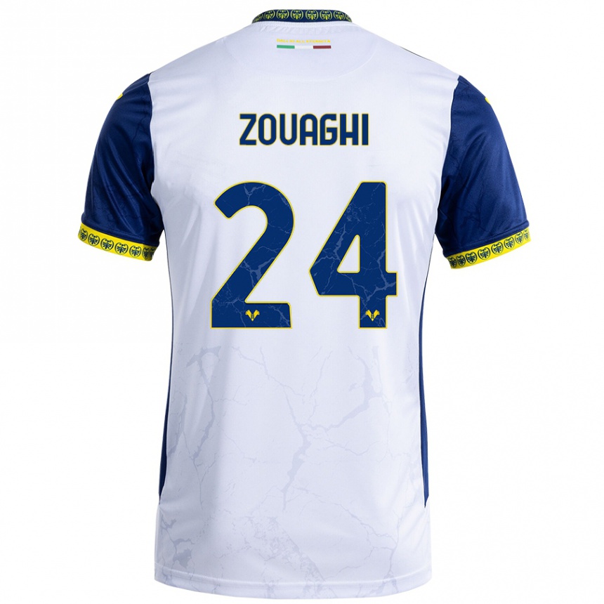 Kids Football Thomas Zouaghi #24 White Blue Away Jersey 2024/25 T-Shirt Uk