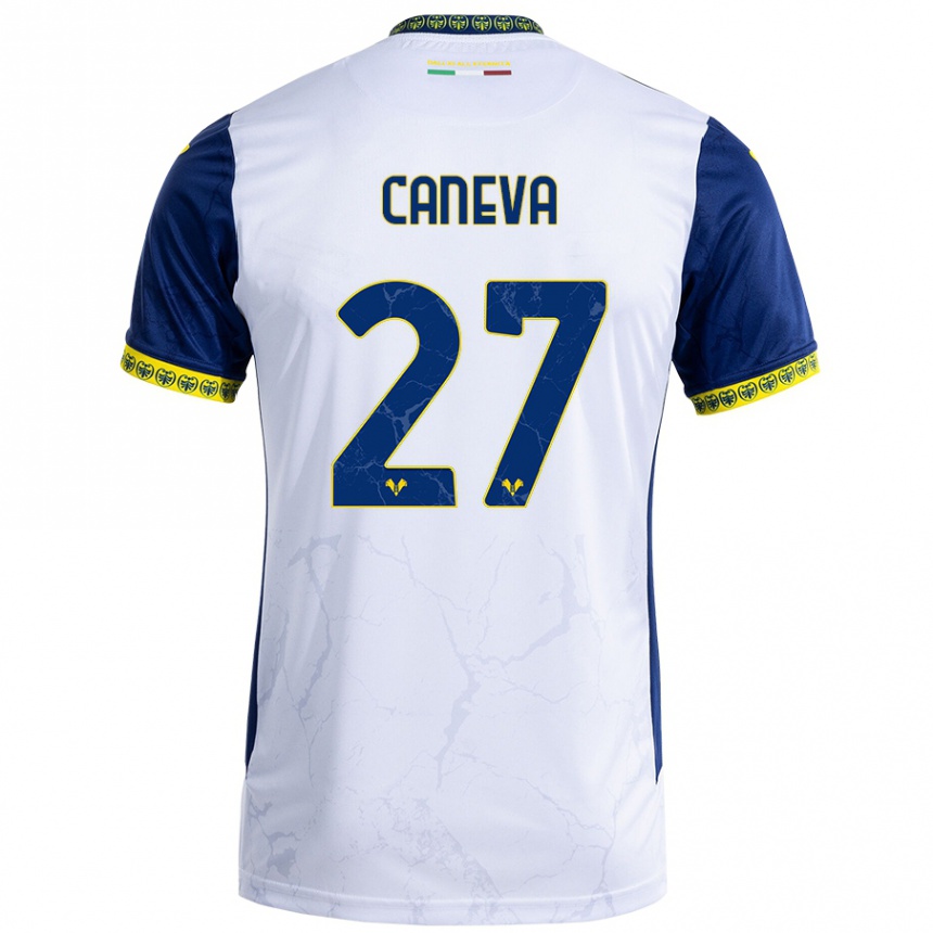 Kids Football Elia Caneva #27 White Blue Away Jersey 2024/25 T-Shirt Uk