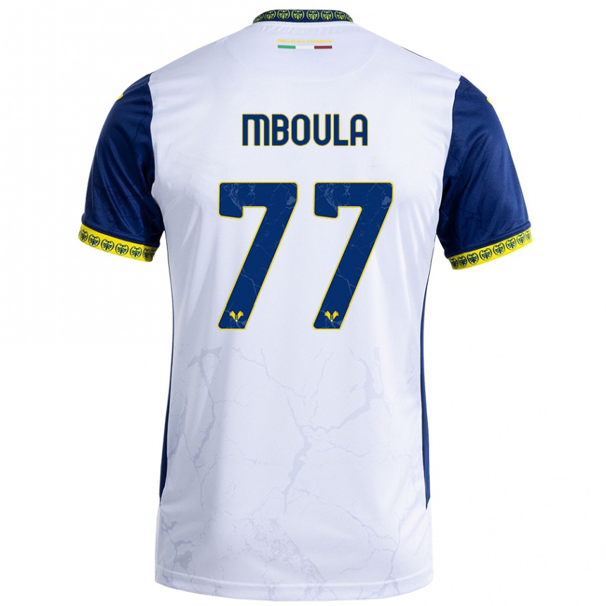 Kids Football Jordi Mboula #77 White Blue Away Jersey 2024/25 T-Shirt Uk