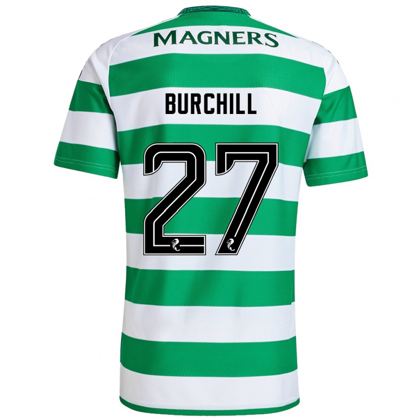 Kids Football Tiree Burchill #27 Green White Home Jersey 2024/25 T-Shirt Uk