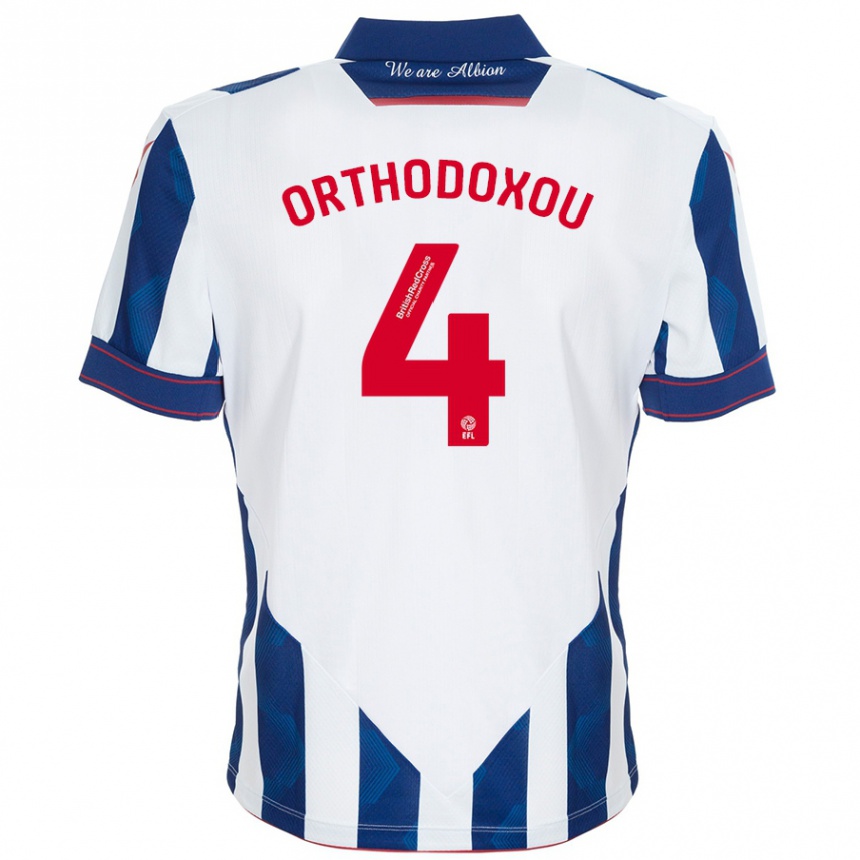 Kids Football Francesca Orthodoxou #4 White Dark Blue Home Jersey 2024/25 T-Shirt Uk