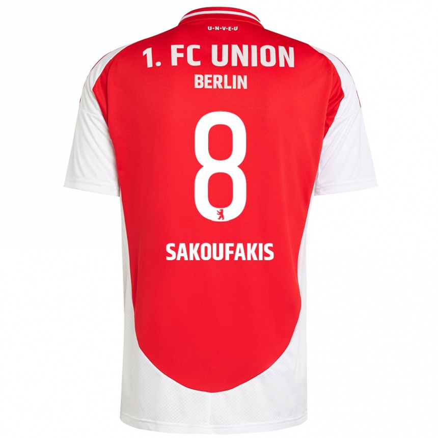 Kids Football Theodor Sakoufakis #8 Red White Home Jersey 2024/25 T-Shirt Uk