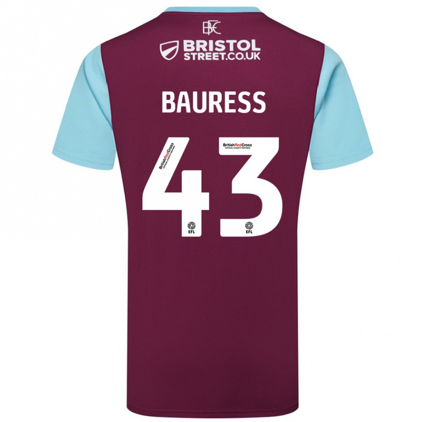 Kids Football Joe Bauress #43 Burgundy Sky Blue Home Jersey 2024/25 T-Shirt Uk