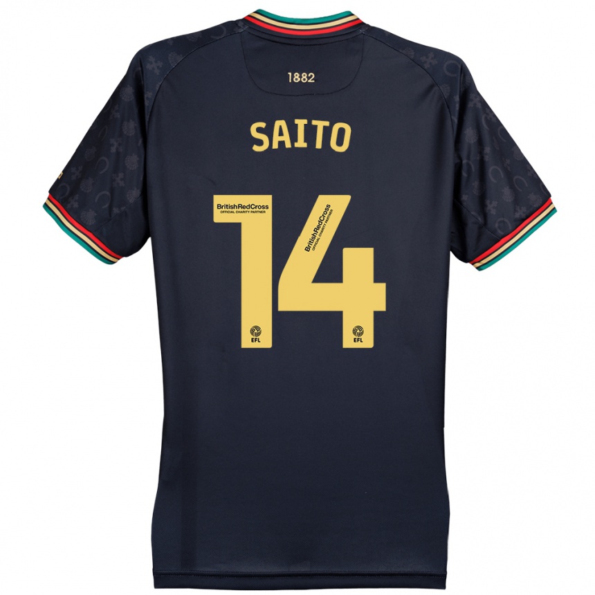 Kids Football Koki Saito #14 Dark Navy Blue Away Jersey 2024/25 T-Shirt Uk