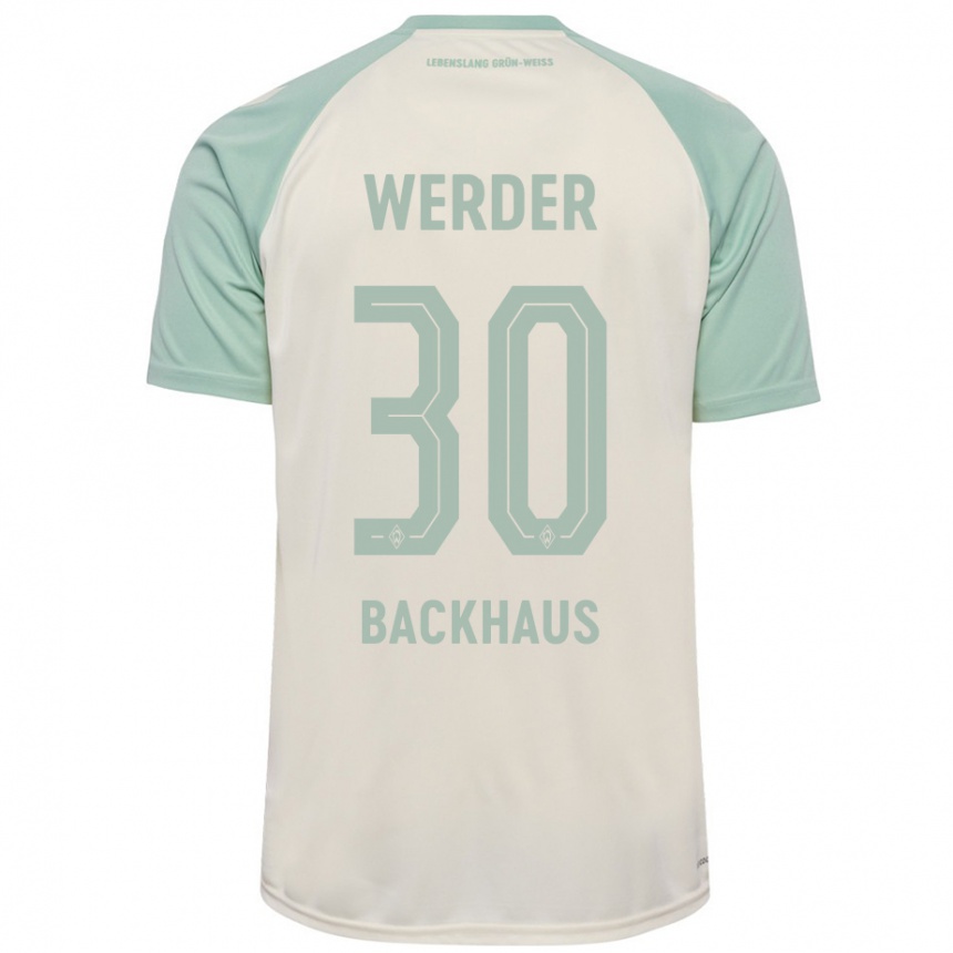 Kids Football Mio Backhaus #30 Off-White Light Green Away Jersey 2024/25 T-Shirt Uk