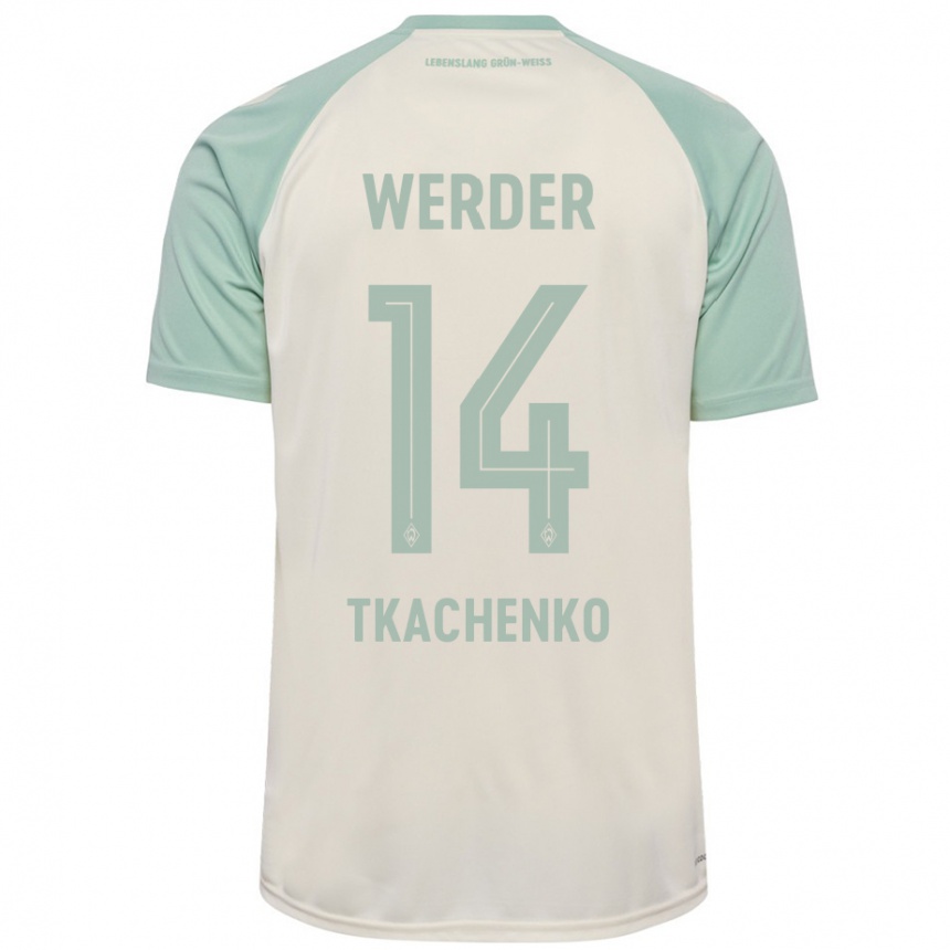 Kids Football Oleksandr Tkachenko #14 Off-White Light Green Away Jersey 2024/25 T-Shirt Uk