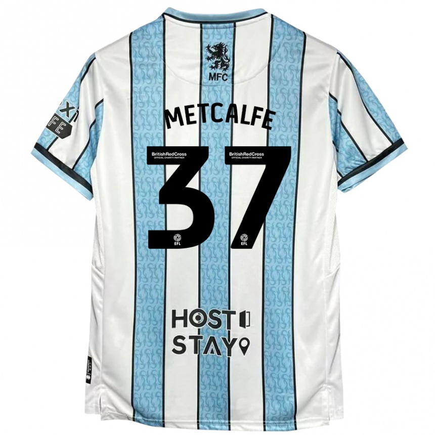 Kids Football Max Metcalfe #37 White Blue Away Jersey 2024/25 T-Shirt Uk