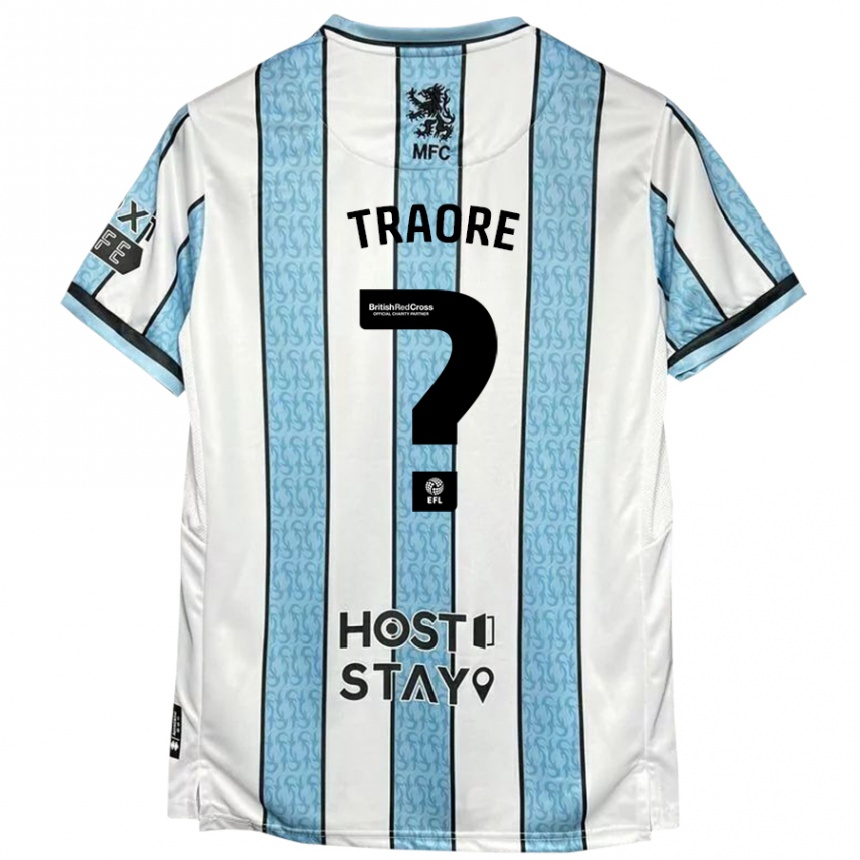 Kids Football Yacou Traore #0 White Blue Away Jersey 2024/25 T-Shirt Uk