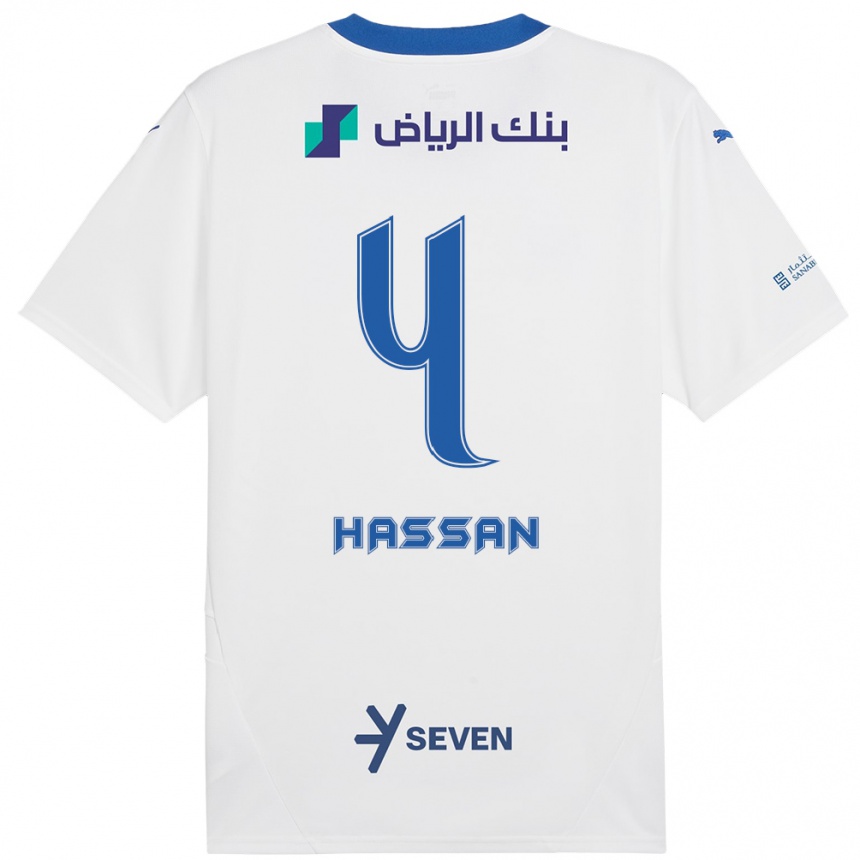 Kids Football Eman Hassan #4 White Blue Away Jersey 2024/25 T-Shirt Uk