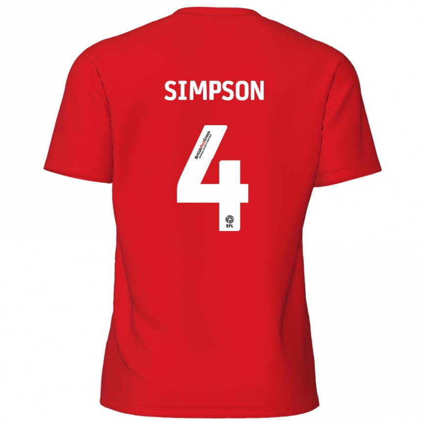 Kids Football Jack Simpson #4 Red Home Jersey 2024/25 T-Shirt Uk