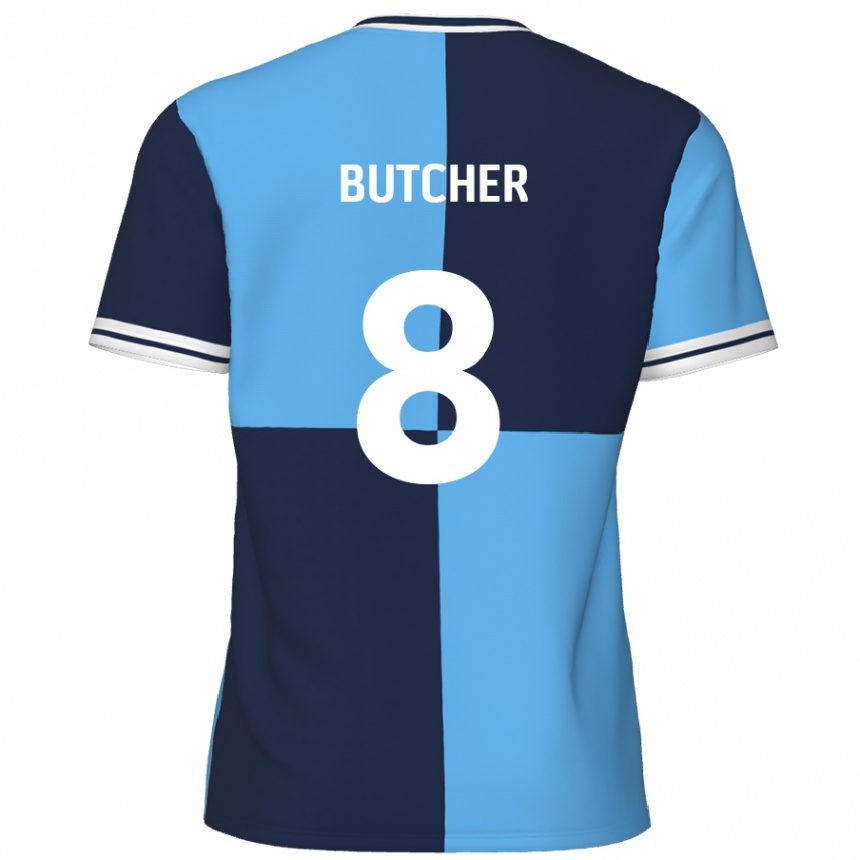 Kids Football Matt Butcher #8 Sky Blue Dark Blue Home Jersey 2024/25 T-Shirt Uk