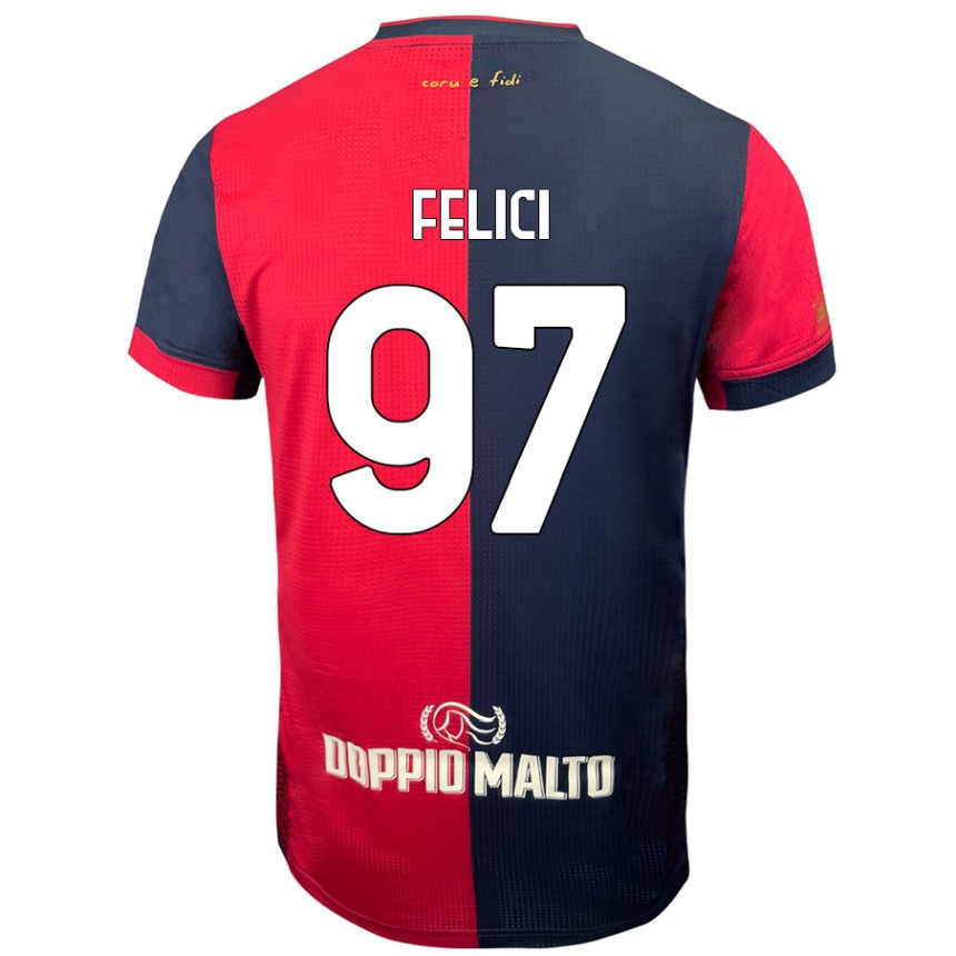 Kids Football Mattia Felici #97 Red Darker Blue Home Jersey 2024/25 T-Shirt Uk