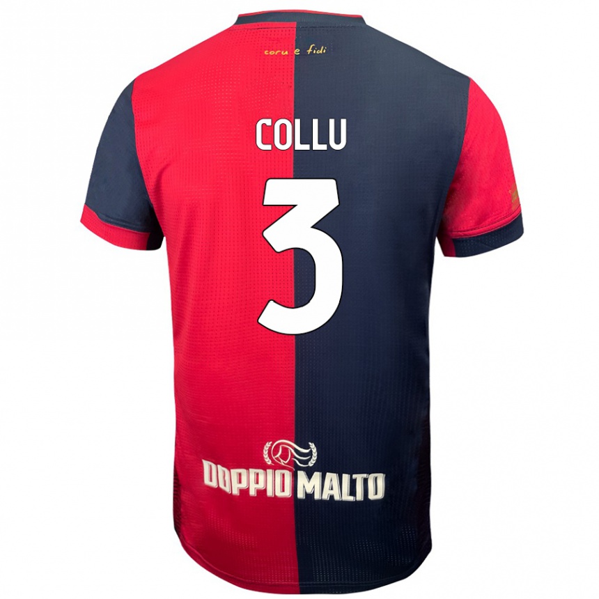 Kids Football Davide Collu #3 Red Darker Blue Home Jersey 2024/25 T-Shirt Uk