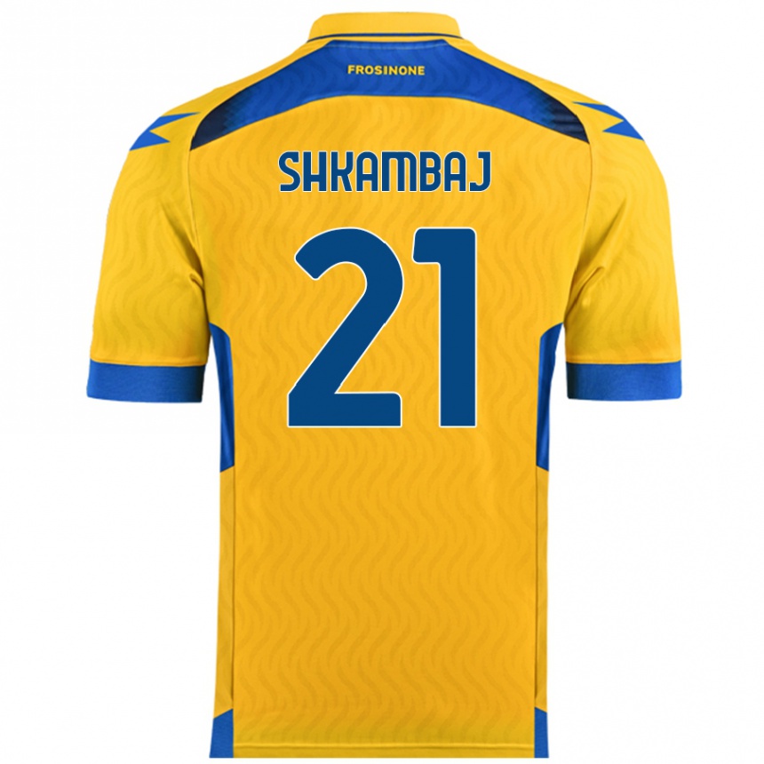 Kids Football Ardit Shkambaj #21 Yellow Home Jersey 2024/25 T-Shirt Uk