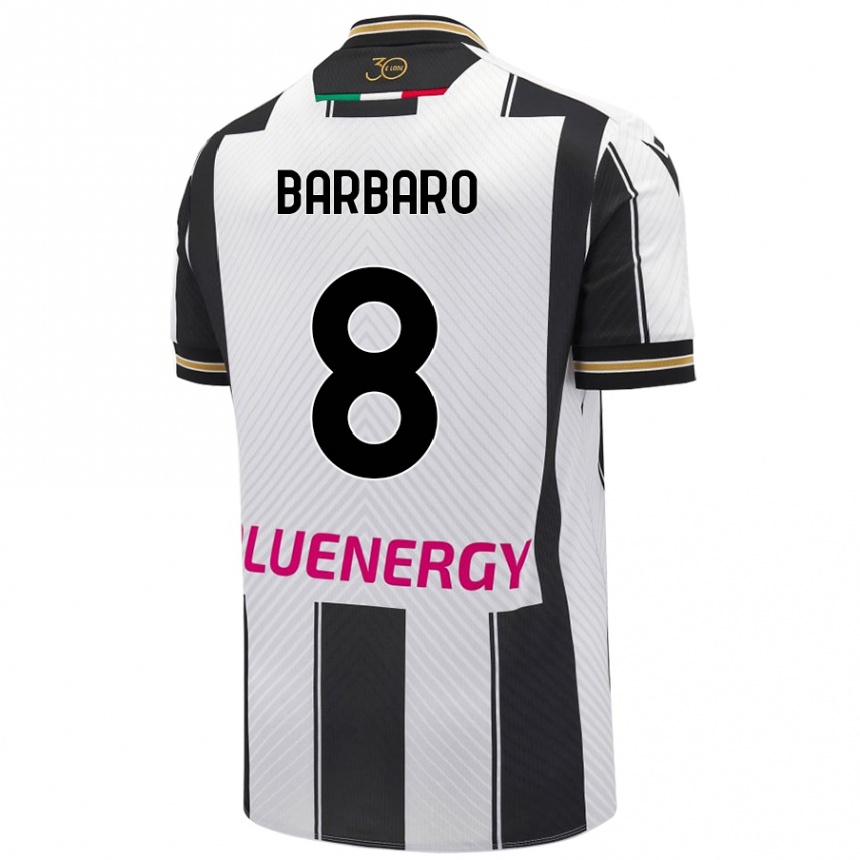 Kids Football Elia Barbaro #8 White Black Home Jersey 2024/25 T-Shirt Uk