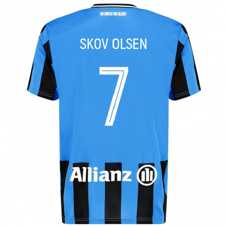 Kids Football Andreas Skov Olsen #7 Sky Blue Black Home Jersey 2024/25 T-Shirt Uk