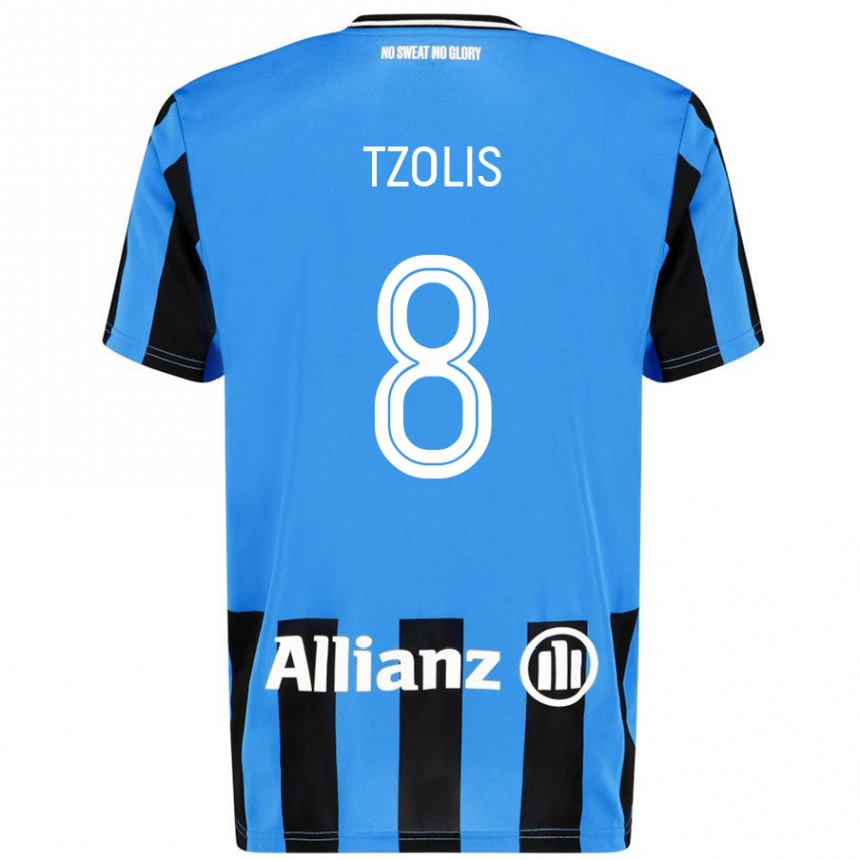 Kids Football Christos Tzolis #8 Sky Blue Black Home Jersey 2024/25 T-Shirt Uk