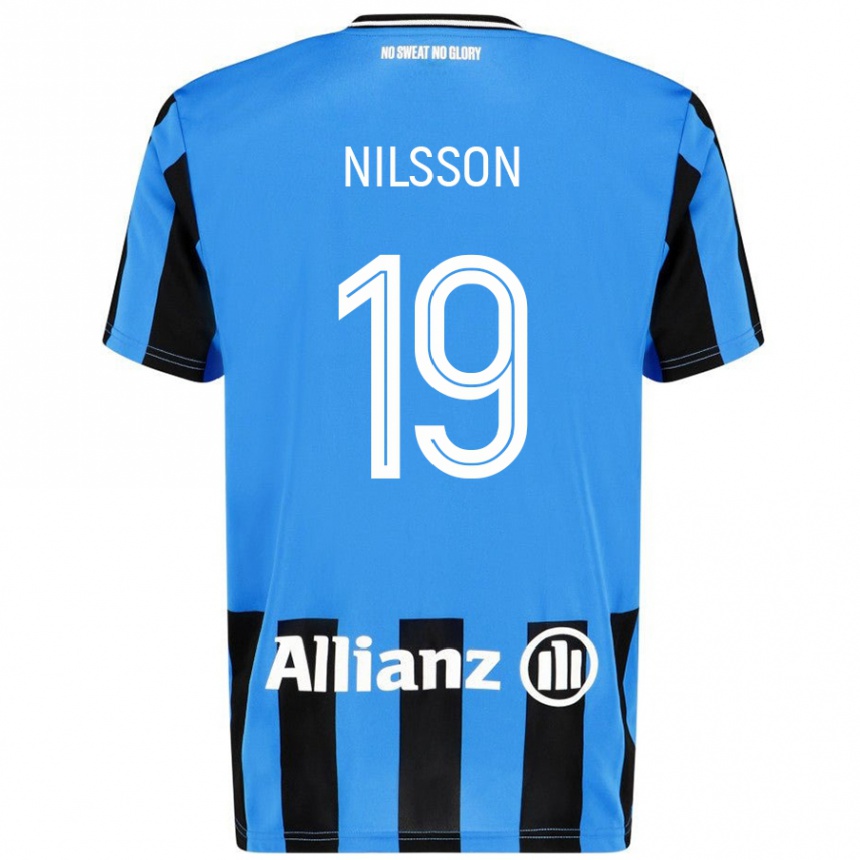 Kids Football Gustaf Nilsson #19 Sky Blue Black Home Jersey 2024/25 T-Shirt Uk