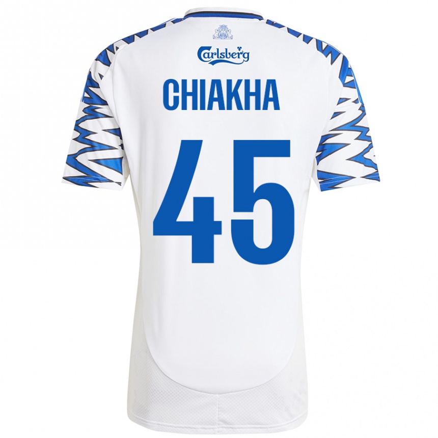 Kids Football Amin Chiakha #45 White Sky Blue Home Jersey 2024/25 T-Shirt Uk