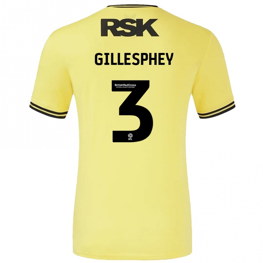 Kids Football Macaulay Gillesphey #3 Yellow Black Away Jersey 2024/25 T-Shirt Uk