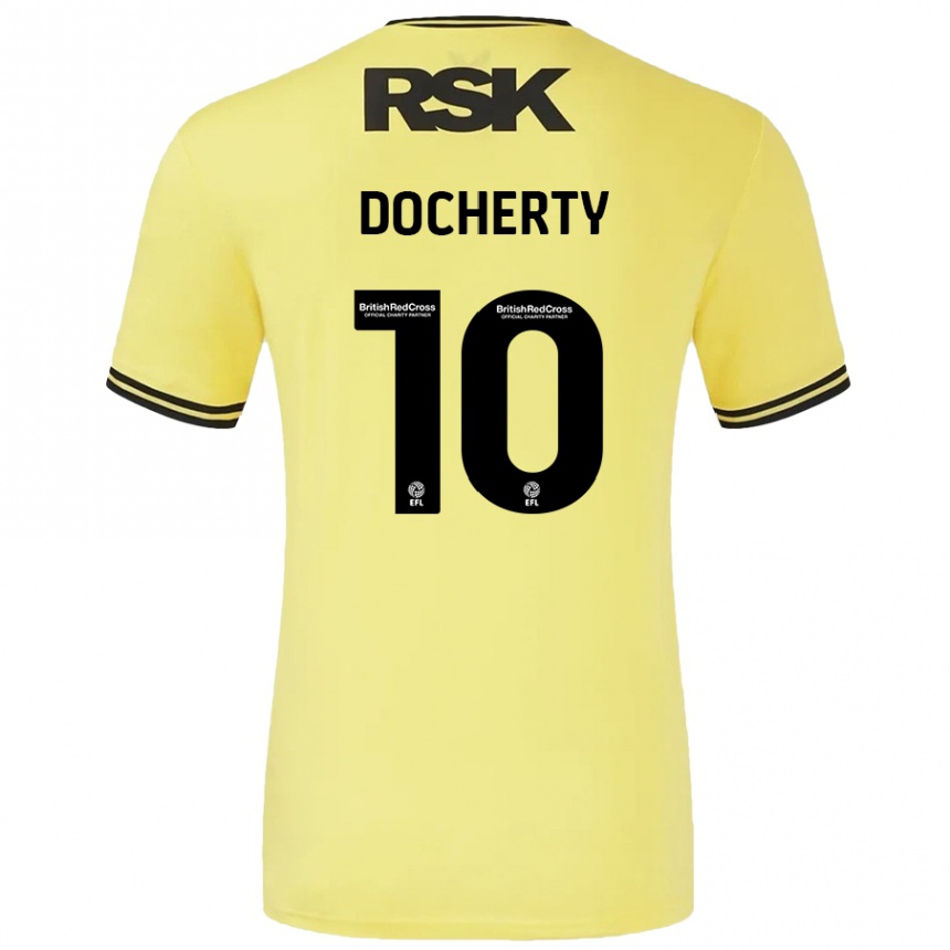 Kids Football Greg Docherty #10 Yellow Black Away Jersey 2024/25 T-Shirt Uk