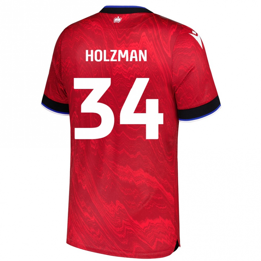 Kids Football Louie Holzman #34 Red Black Away Jersey 2024/25 T-Shirt Uk