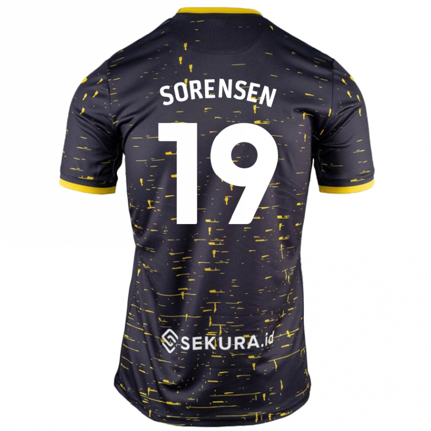 Kids Football Jacob Lungi Sørensen #19 Black Yellow Away Jersey 2024/25 T-Shirt Uk