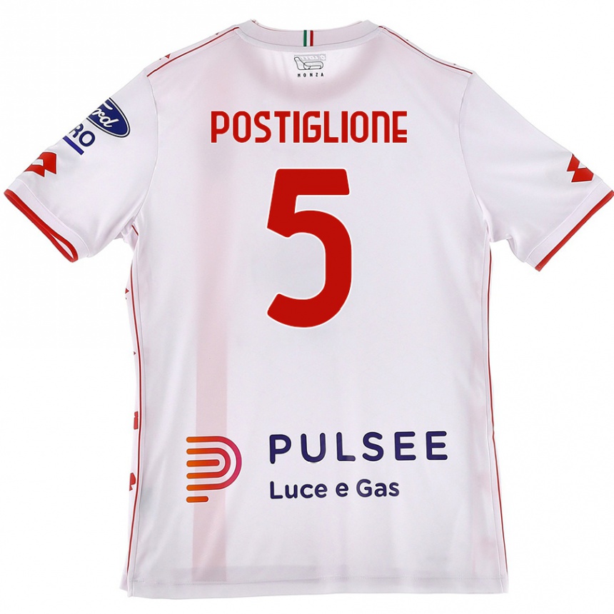 Kids Football Nicolò Postiglione #5 White Red Away Jersey 2024/25 T-Shirt Uk