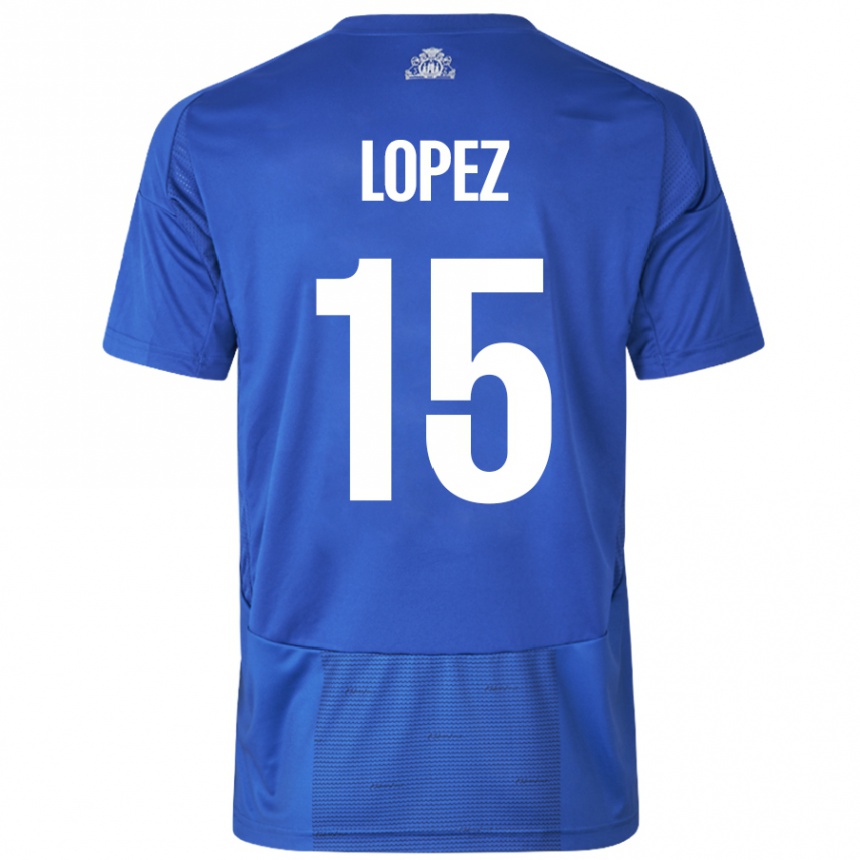 Kids Football Marcos López #15 White Blue Away Jersey 2024/25 T-Shirt Uk