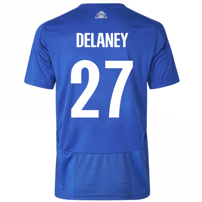 Kids Football Thomas Delaney #27 White Blue Away Jersey 2024/25 T-Shirt Uk