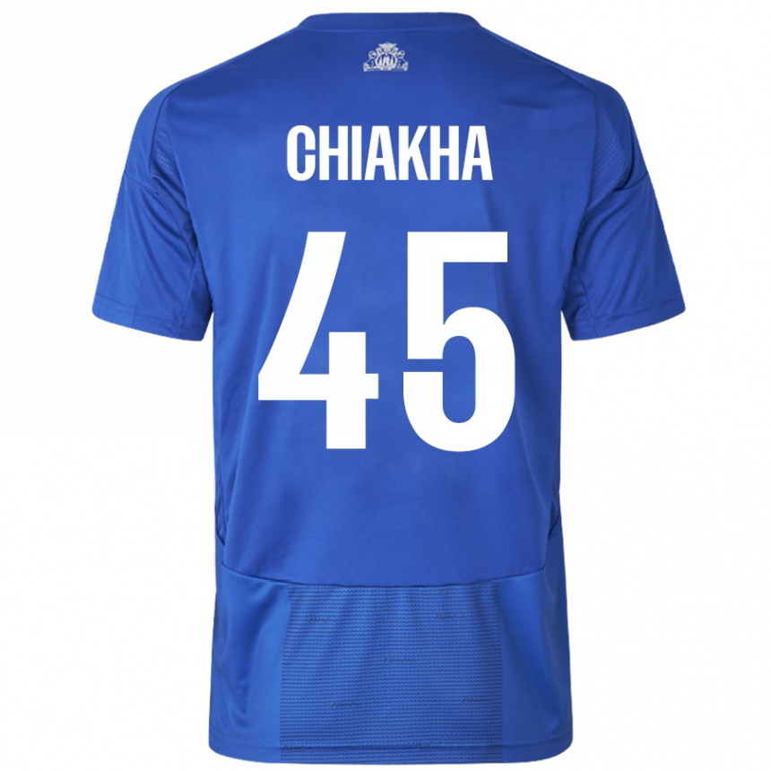 Kids Football Amin Chiakha #45 White Blue Away Jersey 2024/25 T-Shirt Uk