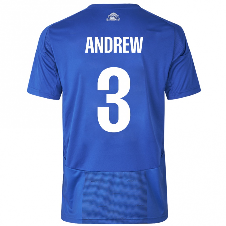 Kids Football Tristan Andrew #3 White Blue Away Jersey 2024/25 T-Shirt Uk