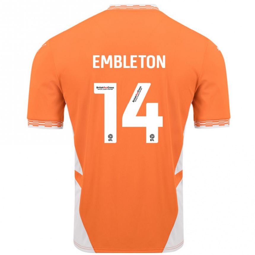 Men Football Elliot Embleton #14 Orange White Home Jersey 2024/25 T-Shirt Uk